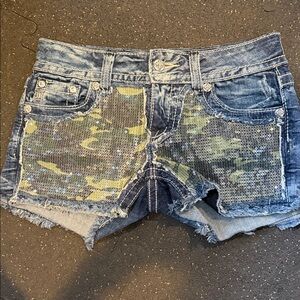 Miss Me Blue Sequin Camo Jean Shorts